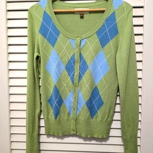 Sonoma Women's Argyle Cardigan M Green Blue EUC Preppy